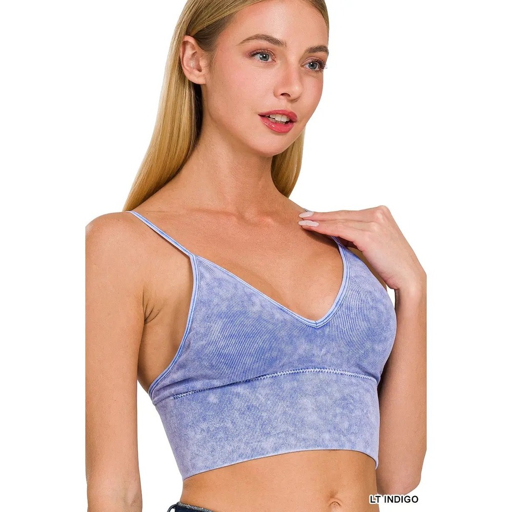 Light Indigo Acid Wash Ribbed Seamless Bralette V-Neck Cropped Cami‎ Top